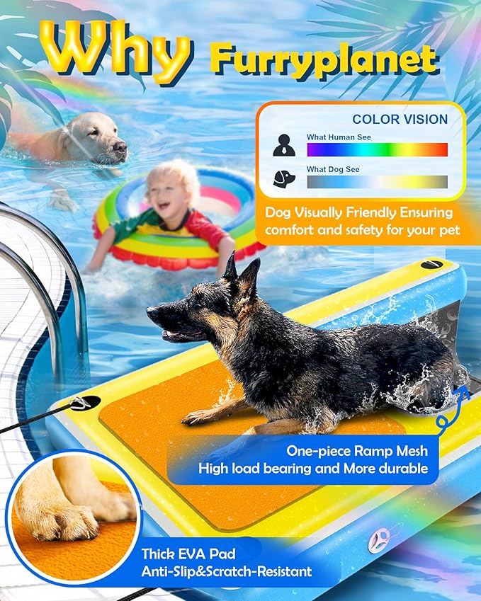 Inflatable Dog Pool Water Ramp – 60"x40" Extra Large Boat Ramp for Dogs Up to 240 lbs, Non-Slip Puncture-Resistant Floating Dock Platform, Water Ladder for Lakes, Pools, Boats & Oceans