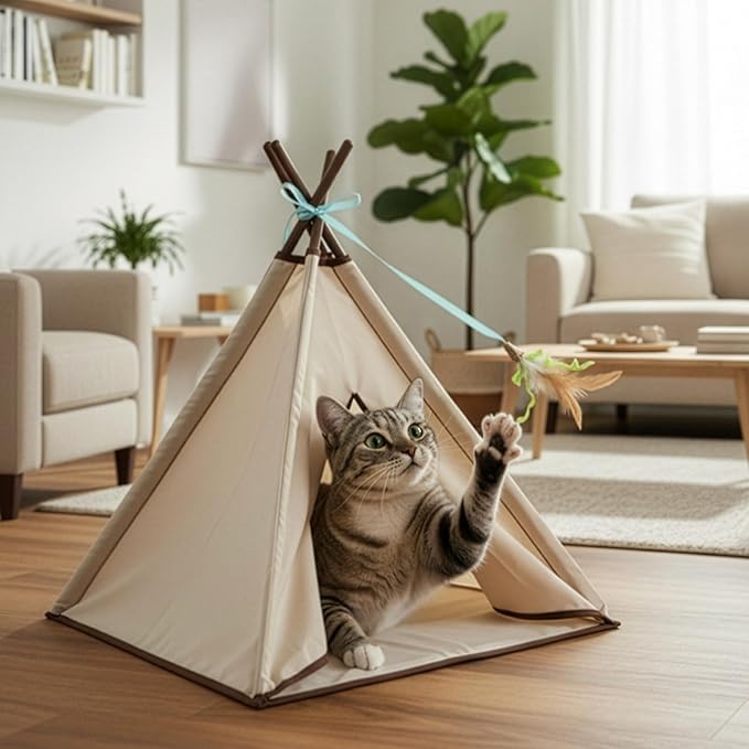 SmartyKat Kitty Camp Crinkle Cat Tent Hideaway, Collapsible Tent with Detachable Feather Toy for Privacy & Play for Cats & Kittens, Beige, One Size
