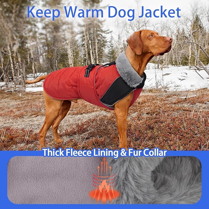 MIGOHI Thermal Large Dog Fleece Jacket - Rainproof Coat for Large Dogs, Thick Dog Winter Coat,Snow Jacket for Dogs Windproof for Hunting Camping,Windy Chilly Days,Doberman,Great Dane,3XL,RedBlack