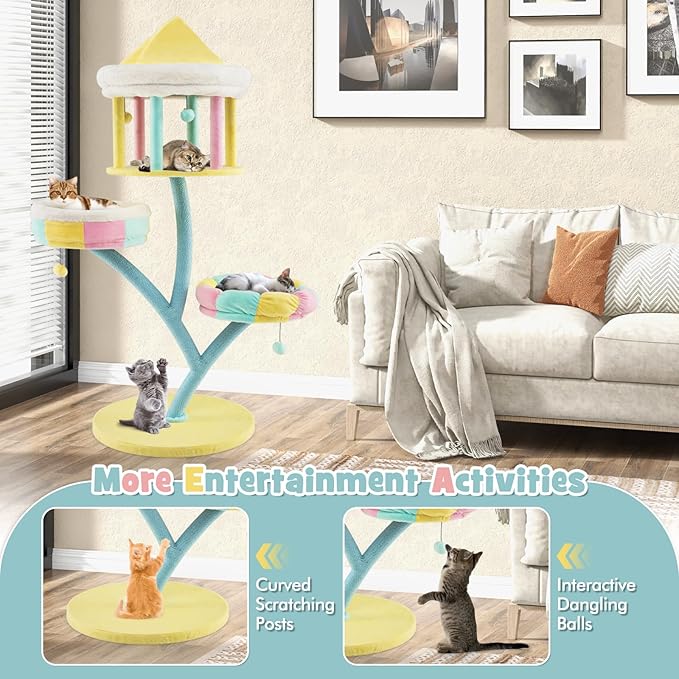 PETSITE 57.5 inch Tall Cute Cat Tree Tower, Cat Tower with Paper Rope Scratching Posts, Top Open-plan Condo, 2 Side Removable Perches, and Dangling Balls, Amusement Park Style Cat Tree for Indoor Cats