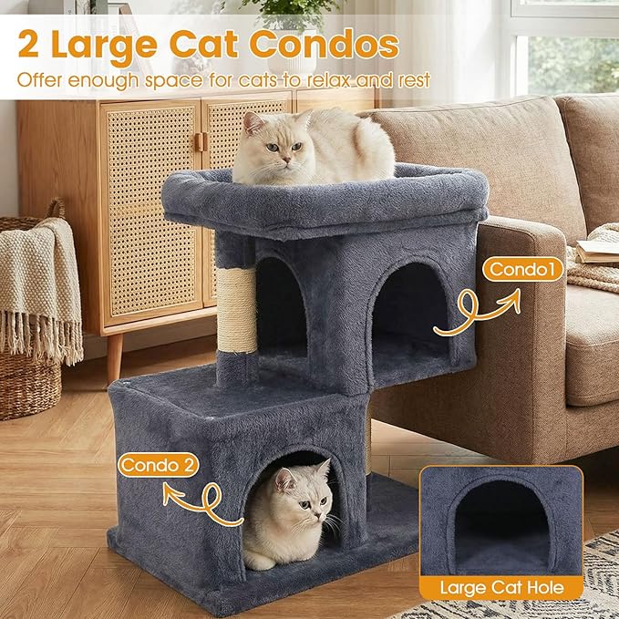PETSITE 25.5-inch Small Cat Tree, Modern Multi-Level Cat Tower with 2 Comfy Condos, Sisal Scratching Posts, Large Plush Top Perch, and Anti-Tipping Kits, Ideal for Indoor Cats and Kittens (Dark Grey)