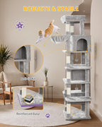 Cat Tree, 66.9" Large Cat Tower for Indoor Cats, Multi-Level Cat House with Condo, 8 Scratching Posts, Hammock, 4 Pom Poms, Light Grey MS17018LG