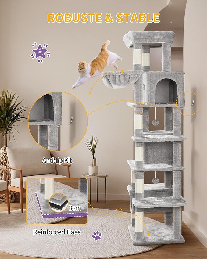 Cat Tree, 66.9" Large Cat Tower for Indoor Cats, Multi-Level Cat House with Condo, 8 Scratching Posts, Hammock, 4 Pom Poms, Light Grey MS17018LG