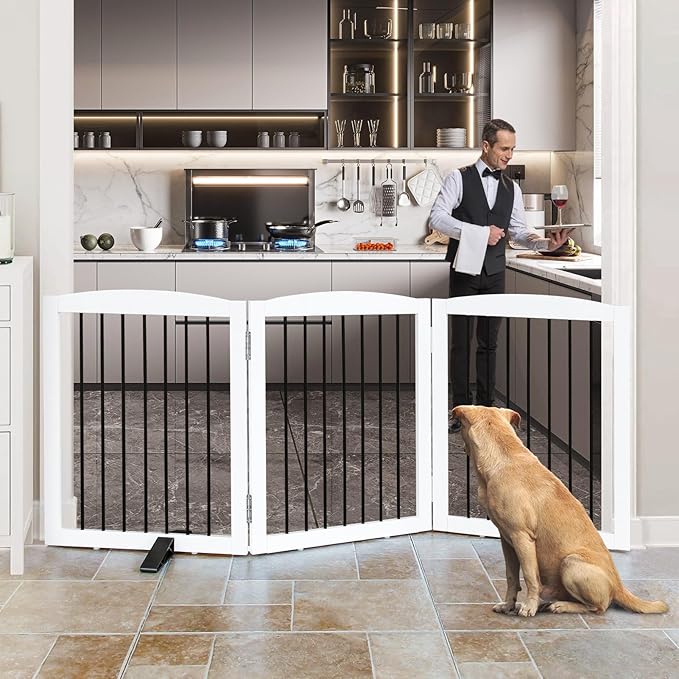 Freestanding Panel Dog Gate for Indoor, Doorways,Stairs, or Hallways,Foldable Wooden Dog Fence for House,Pet Gate for Dogs, Puppy Gate,Support Feet Included,24 "Height-3 Panels,White