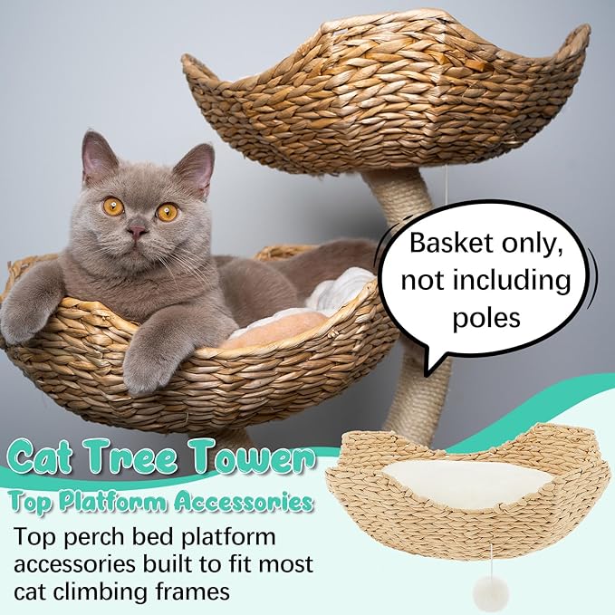 3 Set 18" Cat Tree Tower Replacement Parts Add ons Accessories Set Wicker Basket Beds Rattan Cat Tree Handwoven Rope Nest Bowl Screws Bottom Plate with Furry Balls and Soft Cushion