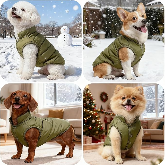 Dog Jacket Waterproof Fleece Dogs Vest Small Dog Coats for Winter Cold Weather Warm Dogs Puffer Jacket Puppy Coat Green Pet Jackets Cat Coats S
