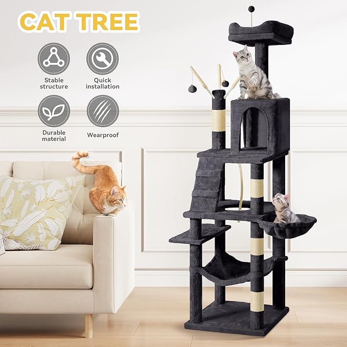 DWVO 64.5" Tall Cat Tree, Multi-Tier Cat Condo with Hammock, Scratching Posts & Play Balls for 2-3 Cats (Dark Gray)