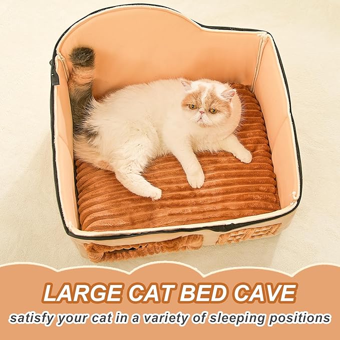 Jiupety Bear Cat Houses for Indoor Cats, Chimney Cute Cat Bed Cave, Enough Interior Space, Cartoon Soft Pet House Up to 3-7 lbs Kitten, Brown