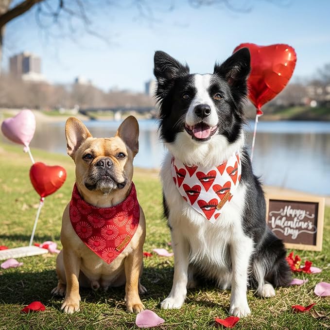 ADOGGYGO Valentines Dog Bandana 2 Pack, Heart Sunburst Eyelash Print Pet Scarf, Durable Fabric, Red Pink Valentine Bandanas for Extra Large Dogs (X-Large)