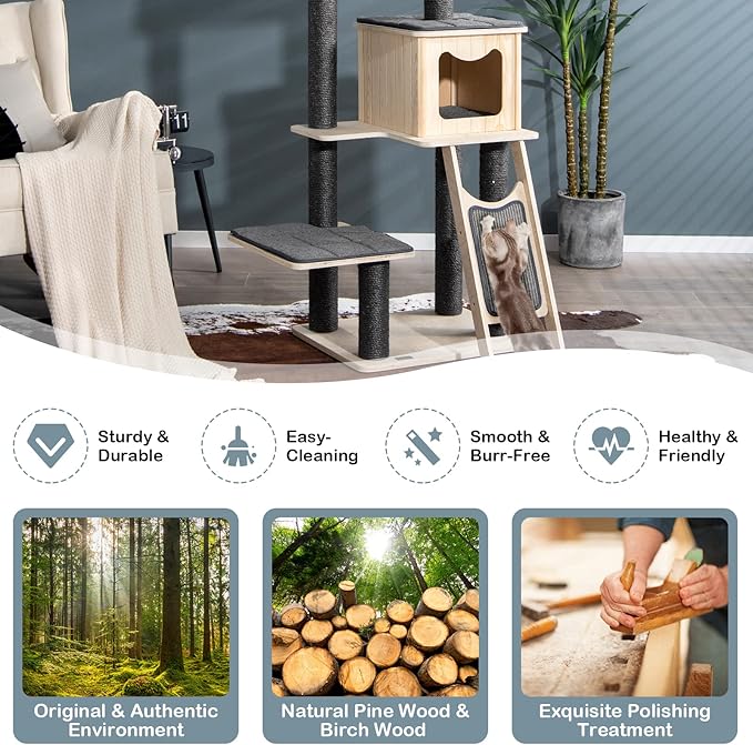 Tangkula Tall Cat Tree, 69 Inch 5-Tier Wood Cat Tower with Scratching Sisal Posts, Top Perch, Cute Cat Condo, Modern Cat Tree with Washable Cushions for Indoor Cats Large Adult (Grey)