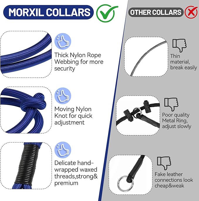 Slip Dog Collar, Nylon Rope Dog Choker Collars with Adjustable Stopper, Heavy Duty Collar for Medium Dog Training (Blue)
