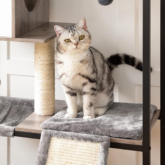 HOOBRO Wooden Cat Tree, Versatile Cat Tower with Scratching Post, Cat Hammock and Food Bowls, 4-Tier Pet House for Indoor Cats, Multi-Cat Families, Greige BG34MZ03