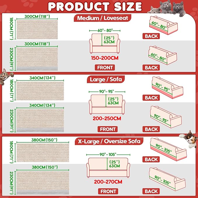 Cat Scratch Furniture Protector - Anti-Slip, Waterproof Sofa Cover to Keep Cats Off, Pet-Friendly Couch Protectors for 3 Cushion Couch, Khaki Anti-Scratch Couch Cover for Pets and Kids 150"X71"