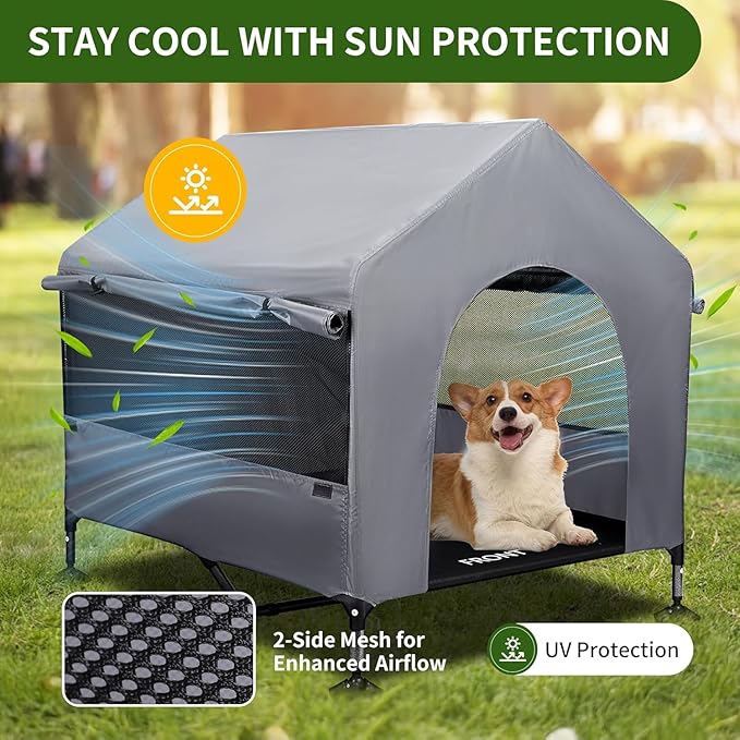 Summertrail 42" Large Dog House Outdoor Indoor with Breathable Mesh Windows-Elevated Dog Bed Cot Dog Tent Shade Shelter for Large Breeds with Canopy, Weatherproof Dog Kennel for Outside, Easy Clean