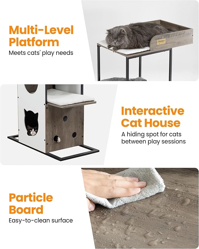 Wood Cat Tree Tower, 84 Inch Modern Extra Tall Cat Condo Trees for Indoor Cats Large Adult, XL Multi-Level Heavy Duty Wooden Sturdy Cat House Furniture with Platform Perch Bed Scratching Post