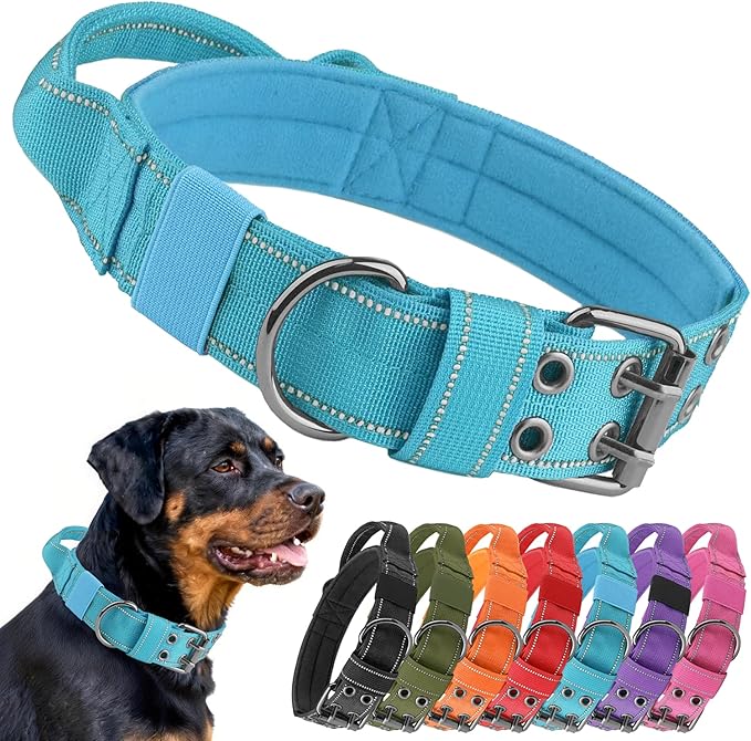 Tactical Dog Collar with Control Handle, Military Adjustable Pet Collar Reflective Heavy Metal Buckle Dog Collar, Soft Nylon Training Collar for Medium Large Dogs (Blue, X-Large)