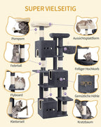 76" Cat Tree, Large Cat Tower for Indoor Cats, Multi-Level Cats House Furniture with 2 Platforms, 3 Condos, 7 Scratching Posts, 1 Basket, 3 Caves, Pompoms, Dark Grey MS19218SG
