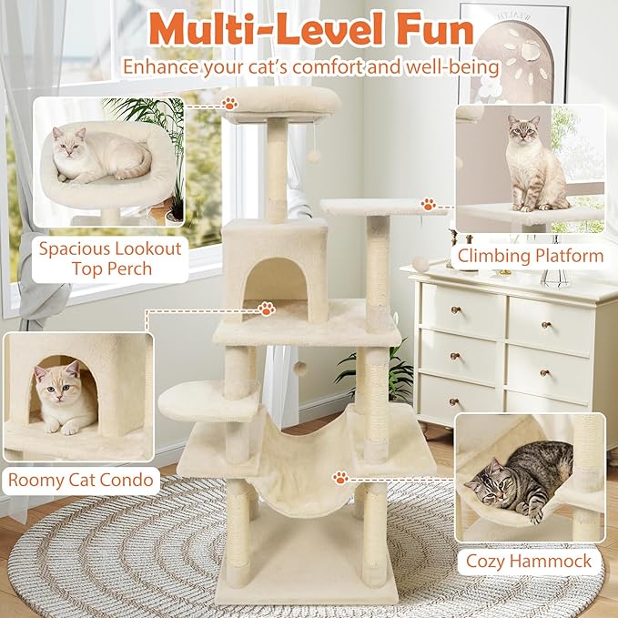 Tangkula 58 Inch Cat Tree Tower, Multi-Level Cat Tower with Sisal Scratching Posts, Padded Top Perch, Condo & Hammock, 3 Hanging Balls, Jumping Platforms for Indoor Cats (Beige)