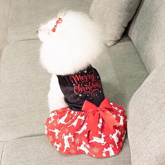 CuteBone Merry Christmas Dog Dress Velvet for Small Dogs Girl Reindeer Puppy Dresses Red Dog Clothes CVA04L-D