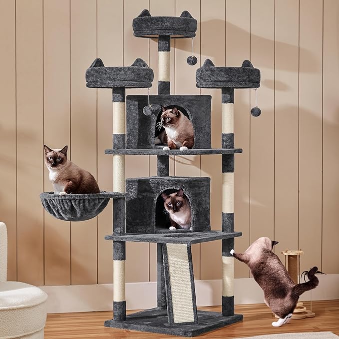 Topeakmart Large Cat Tower Cat Tree with Caves Condos, Platforms Scratching Board & Scratching Posts as Cat Activity Center, Pet Play House