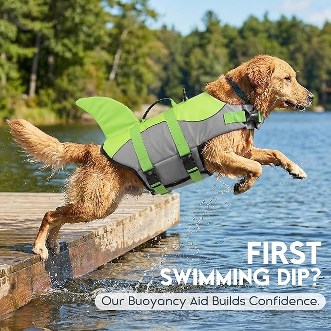 ASENKU Dog Life Jacket - Pet Safety Vest for Swimming & Boating, Shark Life Jacket with Floatation, Dog Lifesavers Swimsuits for Small Medium Large Dogs (Green, 2XL)