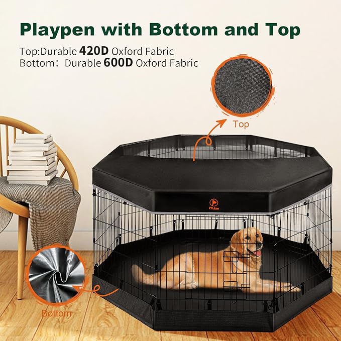 PJYuCien Dog Playpen with Top Cover and Bottom Pad - Metal Foldable Exercise Pen, 8 Panels 42" H x 24" W Indoor Outdoor Pet Fence Puppy Crate Kennel, Black