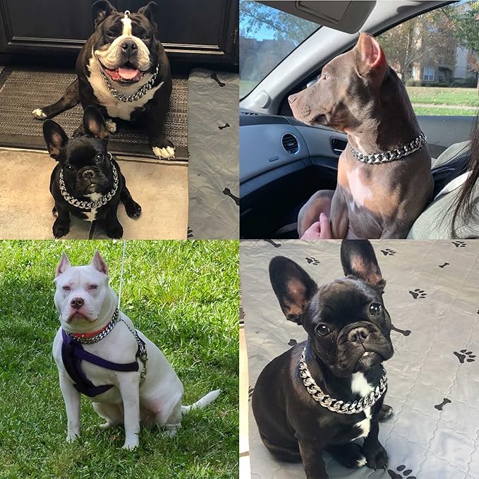 Stainless Steel Silver Gold Dog Collars with Safety Buckle Lock,18K Cuban Link Chain Training Collar,15MM Strong Dog Necklace Heavy Duty Chew Proof for Small Medium Large Dog