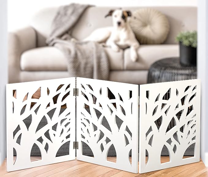 Bundaloo Freestanding Dog Gate Expandable Decorative Wooden Fence for Small to Medium Pet Dogs, Barrier for Stairs, Doorways, & Hallways