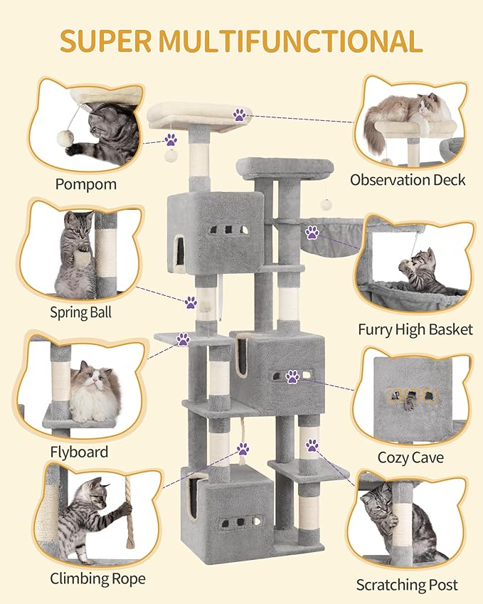 76" Cat Tree, Large Cat Tower for Indoor Cats, Multi-Level Cats House Furniture with 2 Platforms, 3 Condos, 7 Scratching Posts, 1 Basket, 3 Caves, Pompoms, Light Grey MS19218LG