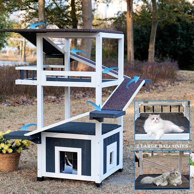4 Tiers Outdoor Cat House Weatherproof Cat Tree Tower 45.1" H Feral Cat Shelter Outside Enclosure Multi-Level Play Zones Waterproof Roof 2 Escape Doors, 2 Removable Floors for Multiple Cats