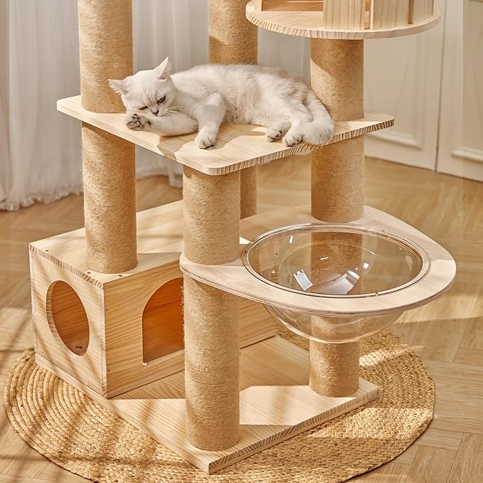 73" Tall Real Solid Wood Cat Tower with 2 Space Capsule Cat Beds, Top Bed,Thick Sisal Scratching Posts, Multi Cat Tree for Large Cats 20 lbs Heavy Duty, Cat Condo Furniture for Active Cats