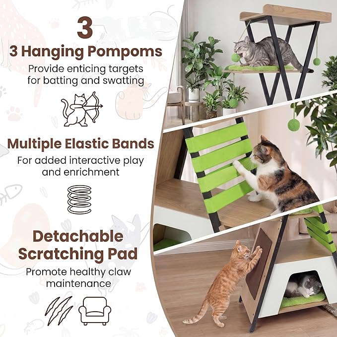 Tangkula 73 Inch Tall Cat Tree, Modern Wood Cat Tower with Scratching Pad, Extra-Large Perch & Removable Washable Mats, 3 Pompoms, Multi-Level Cat Furniture for Indoor Cats Large Adult (Green)