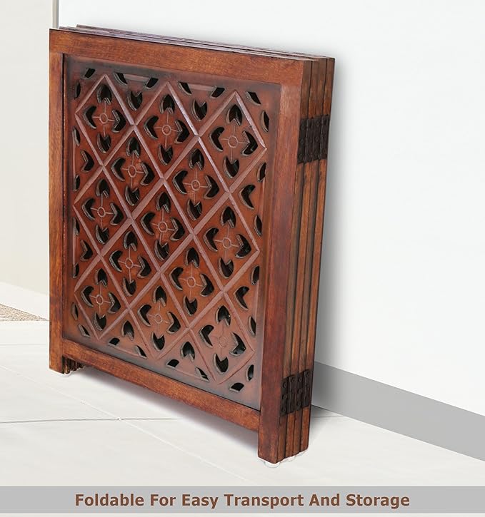 Wooden Foldable Pet Dog Safety Gate - 4 Panels Lattice 20 W x 24 H - Hand Carved Solid Wood & MDF - Free Standing Portable Indoor Doorway Hall Stairs Puppy Fence - Assembled - Antique Brown - IRONGATE