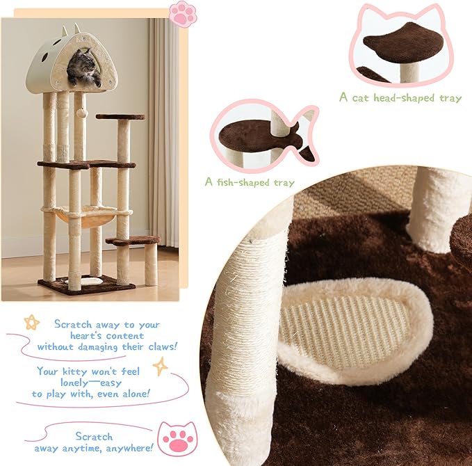 Cat Tree Tower, 56.3-Inch Multi-Level Cat Tree for Indoor Cats with Scratching Posts, Condos, Plush Perches, Hanging Cat Toy, Cute Cat Tree for Kittens & Adult Cats, Brown