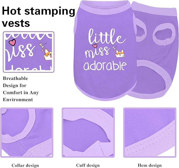 Cotton Dog Shirt with 'Little Miss Adorable' Corgi Head Print, Soft & Breathable Pet Apparel for Small, Medium, and Large Dogs, All-Season Sleeveless Vest, Cute and Comfortable Dog Outfit.Purple XL