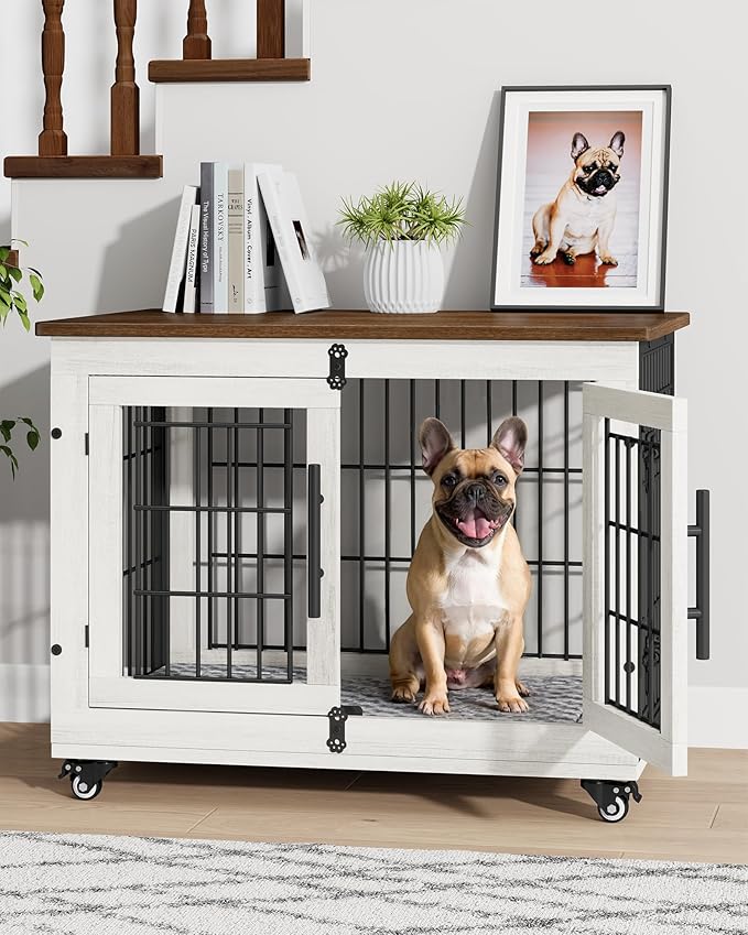 Dog Crate Furniture with Cushion Set of 2, Wooden Dog Kennel Indoor with Double Doors, Dog Cage with Wheels, Dog House Side End Table for Small Medium Dogs up to 45 lb, 32.5" L, White