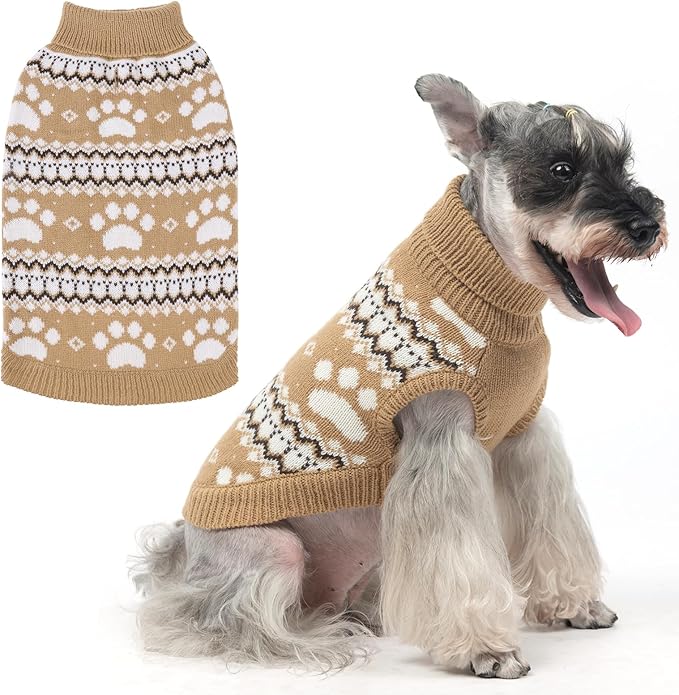KOOLTAIL Cable Knit Dog Sweater Turtleneck, Cold Weather Pullover Classic Knitwear, Cute Paws Pattern Thick Warm Winter Pet Clothes, Dog Christmas Sweater for Small Medium Large Dogs Cats,Khaki ML