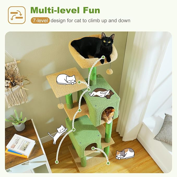 PEQULTI 62" Cat Tree for Indoor Cats, Multi-Level Cat Tower with Cozy Cat Condo Clearance Prime, Green