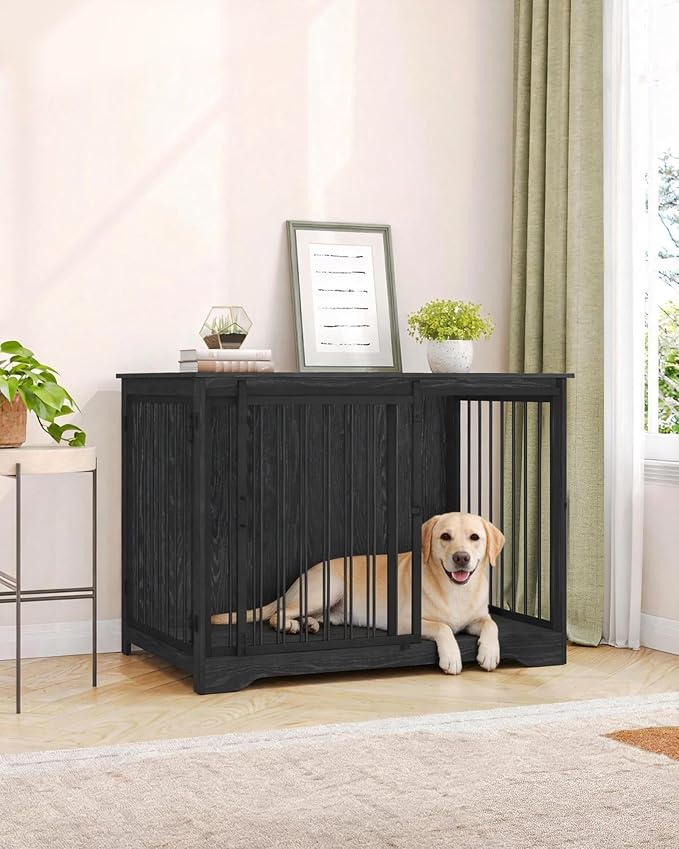 43.3" Dog Crate Furniture with Barn Door, Heavy Duty Dog Kennel Indoor with 2 Doors, Wooden Pet Cage End Table for Large Small Medium Dogs, Anti-Chew Anti-Escape, Black DFC92304B