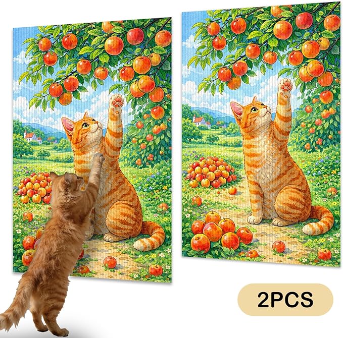 Nuxovilar Cat Wall Scratcher 15.3x23.6 Inches Polyester Synthetic Fiber, Orange Cat & Apple Tree Print, wall scratchers for Indoor Cats, Scratch pad, Home Decor, Porch, Garden Room (2pcs)