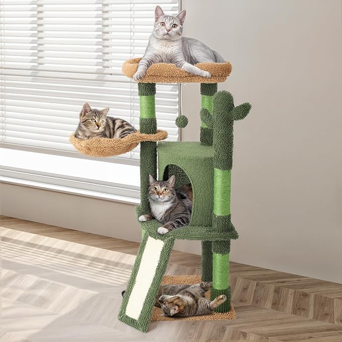 Magshion 42" Cactus Cat Tree for Indoor Cats, Multi-Level Cat Tower with Condo, Scratching Post, Ramp, Perch, Basket & Toys, Compact Cat Climbing Tree for Kittens & Small Cats, Green
