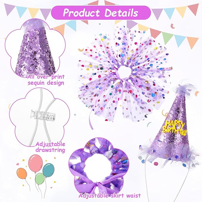 2 Pack Dog Birthday Dress Girl Dog Birthday Bandana with Hat and Dress Girl Set Puppy Party Supplies, Cute Tutu Skirt Outfit for Small Medium Large Dogs Decorations (Purple)