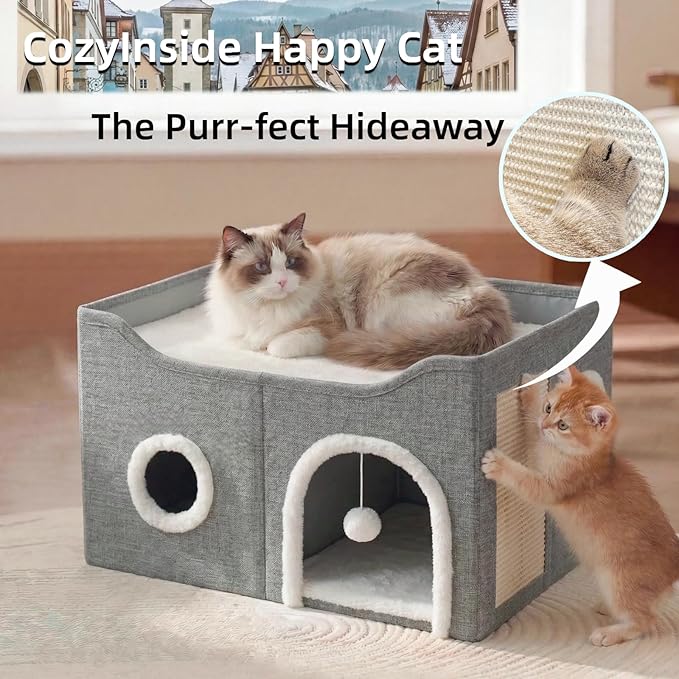 Eolahalcy Cat Beds for Indoor Cats - Large Cat Cave for Pet Cat House with Fluffy Ball Hanging and Scratch Pad, Foldable Cat Hideaway, 23.8x15.9x13.2 inches, Grey