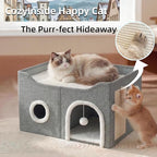 Eolahalcy Cat Beds for Indoor Cats - Large Cat Cave for Pet Cat House with Fluffy Ball Hanging and Scratch Pad, Foldable Cat Hideaway, 23.8x15.9x13.2 inches, Grey
