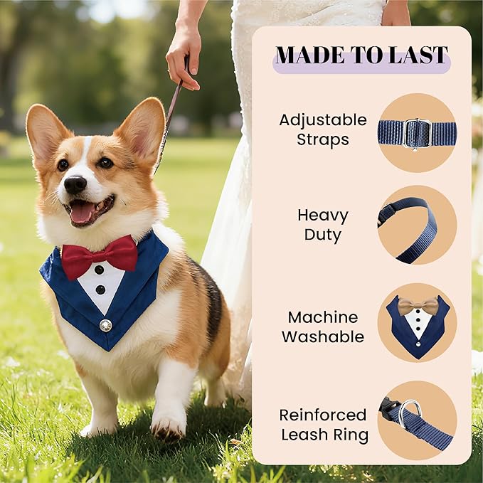 AVERYDAY Dog Tuxedo Bandana Collar for Wedding Outfit, Dog Tux Costume with Bowtie, Pet Harness with Leash Ring for Birthday Party Christmas, Formal Wear Suit and Tie for Small Medium Large Breeds