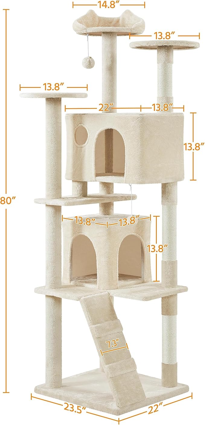 Topeakmart Cat Tree, 80-Inch Cat Tower for Indoor Cats, Multi-Level Cat Condo w/Scratching Posts, Padded Perches and Ladder, Cat Stand House Cat Furniture, Beige