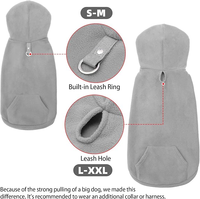 EXPAWLORER Dog Hoodie Fleece Sweater Vest, Hooded Dog Sweatshirt Fall Winter Pet Clothes with Leash Hole, Sleeveless Warm Cozy Puppy Clothing for Cat Small Medium Large Dogs Girl Boy, Grey L