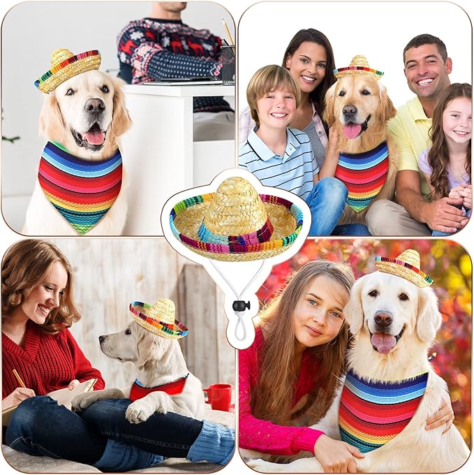 8 Pcs Mexican Dog Costume Sombrero Mexican Hats Dog Sombrero Hats and Colorful Stripe Dog Bandana Pet Triangle Bib Pet Scarf for Fiesta Cinco de Mayo Pets Accessories