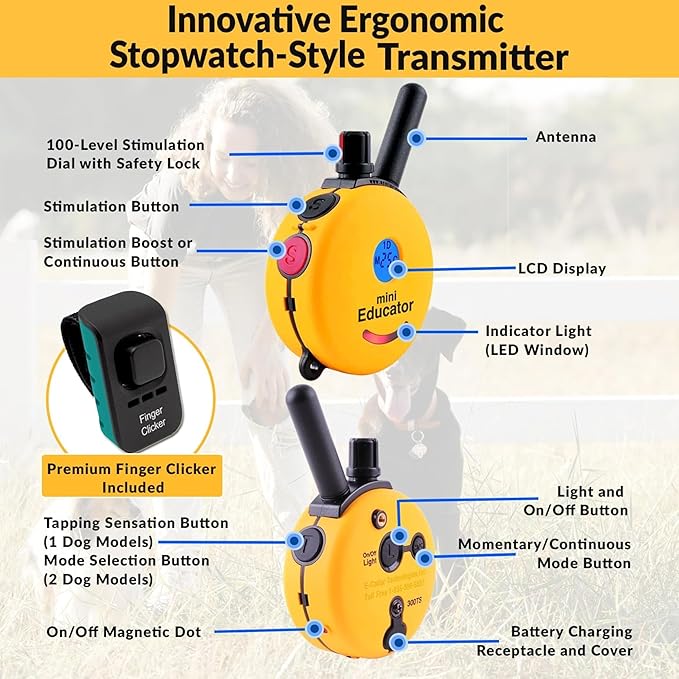 E-Collar – Mini Educator ET-302 1/2 Mile Waterproof Remote Dog Training Collar Includes Premium Finger Clicker Trainer, 100 Programmable Levels + Vibration + Light + Sound, Yellow