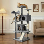 52.5in Cat Tree, Multi-Level Cat Tower with Spacious Kitten-Ear Perch, 2 Cozy Caves, Scratching Posts, Climbing Ladder, Durable Pet House Furniture for Indoor Kittens,Grey